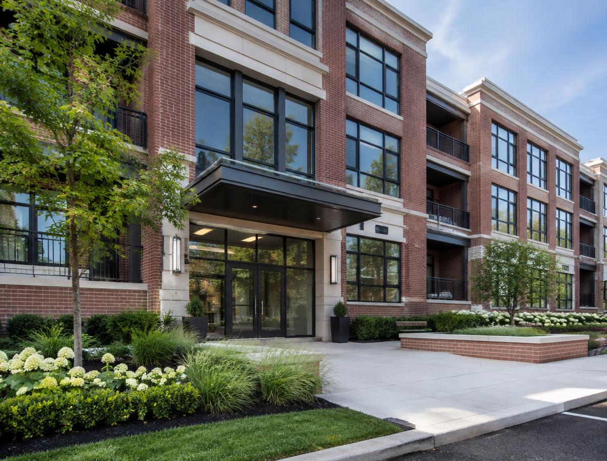 New Jersey brick apartment building with landscaped entrance