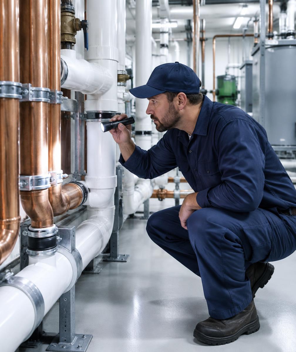 Drain specialist inspecting plumbing with a flashlight in a commercial mechanical room