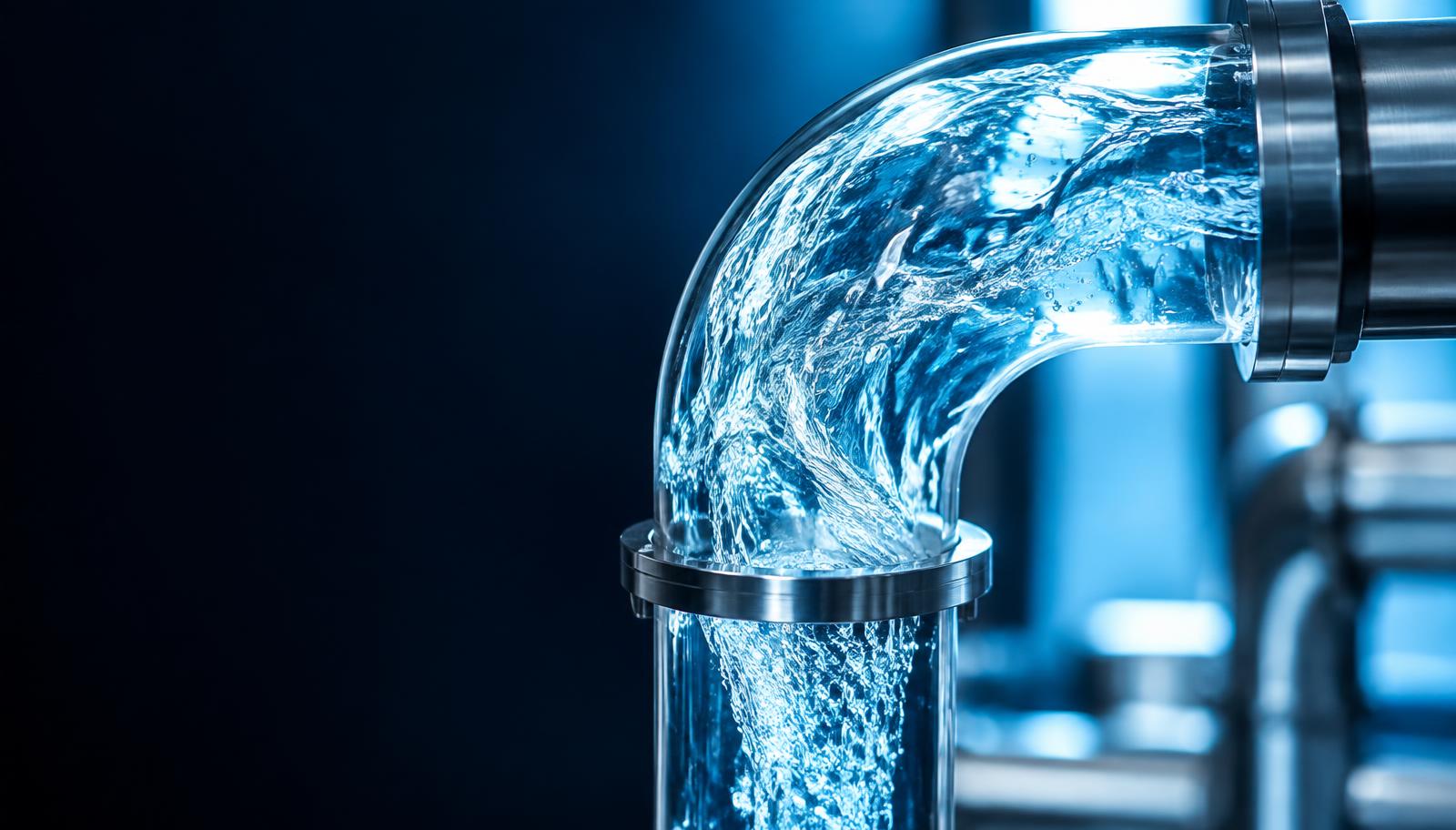 Clear flowing water inside precision stainless pipe infrastructure