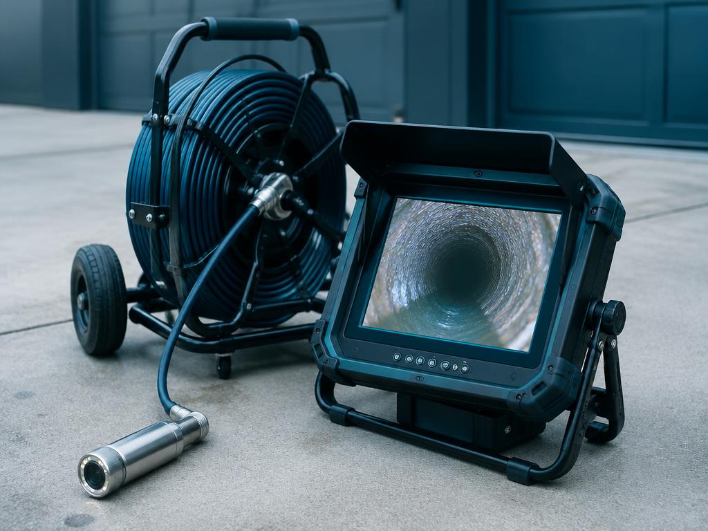 Sewer camera equipment with a monitor showing a pipe interior
