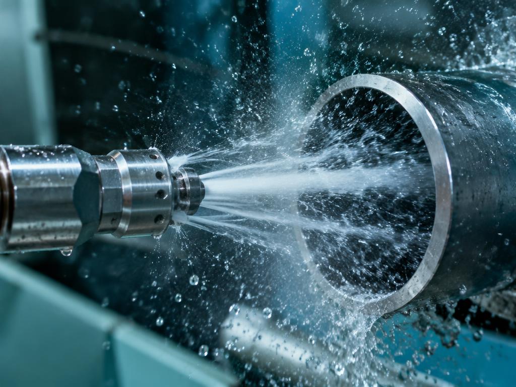 High-pressure hydro-jetting nozzle clearing a pipe
