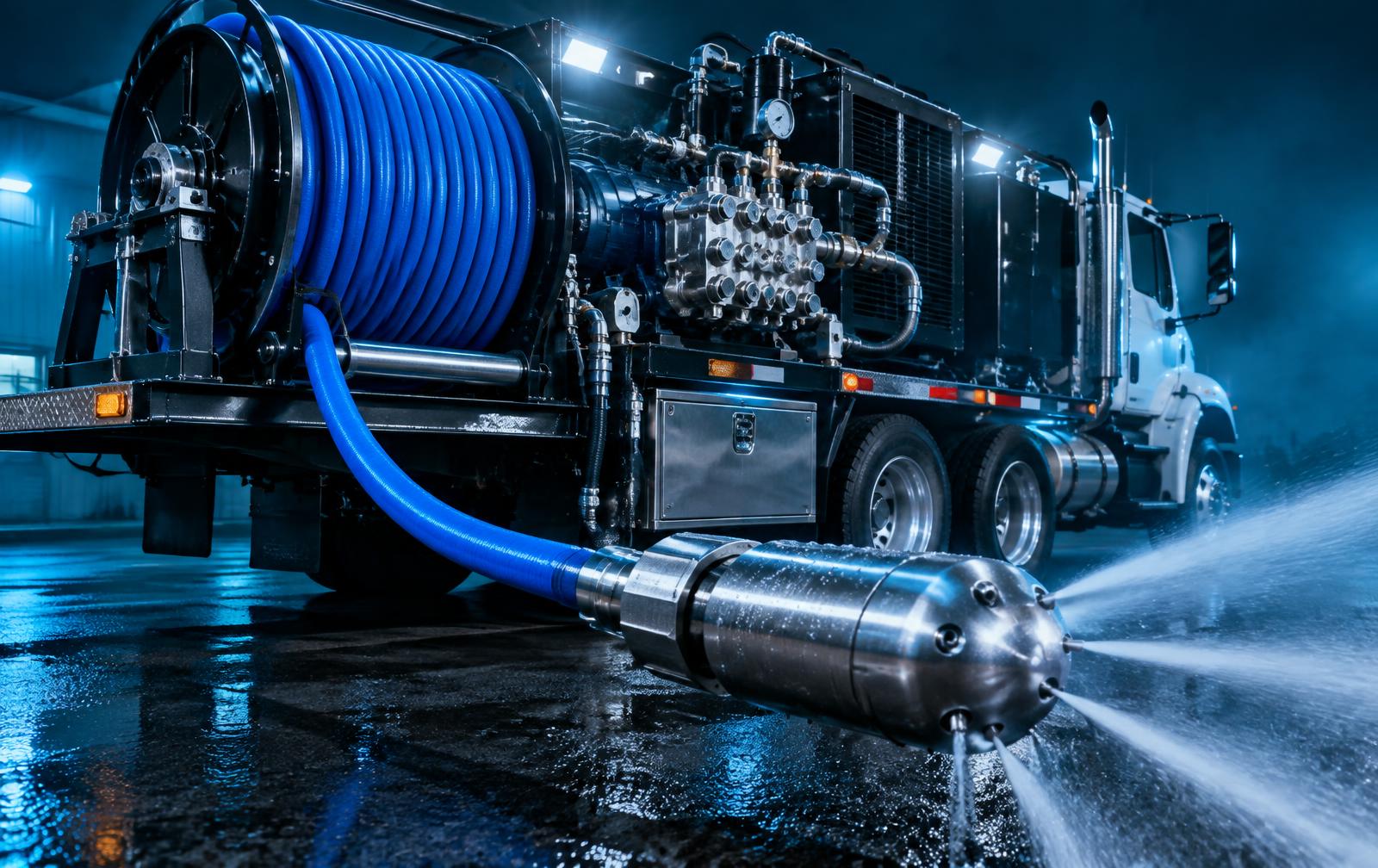 Specialist hydro-jetting equipment with a professional pump and high-pressure hose