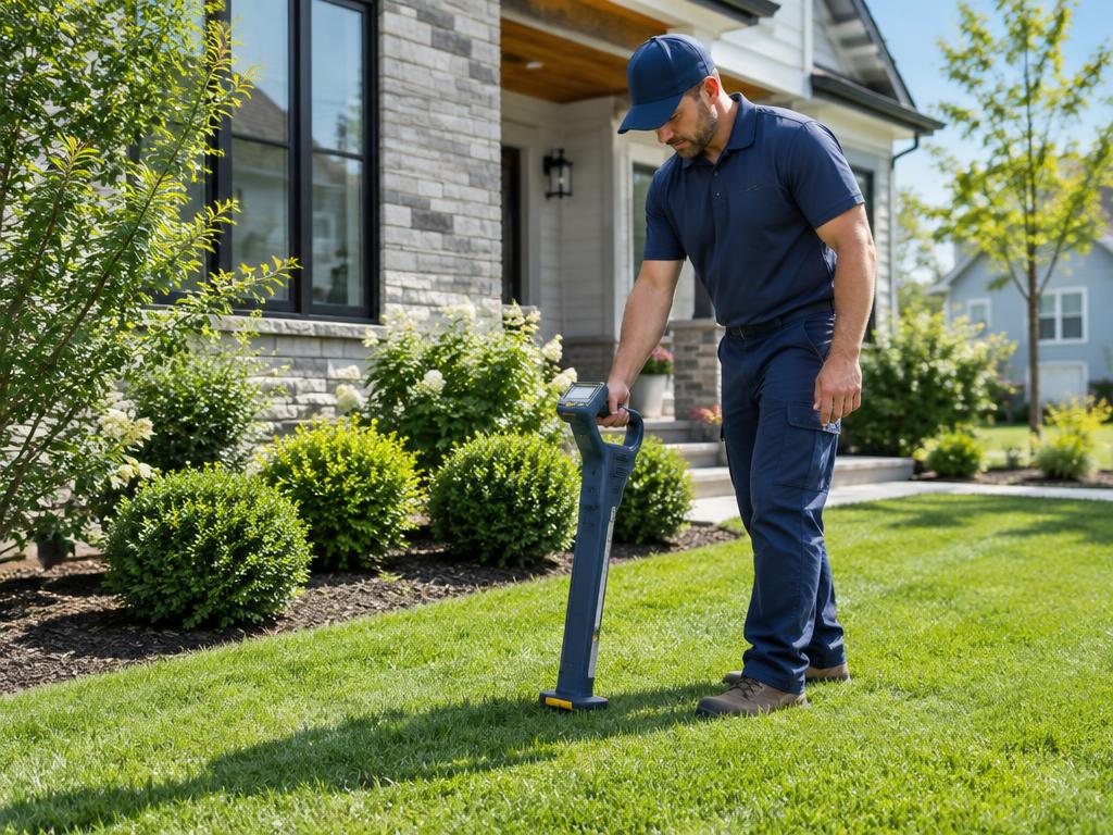 Technician locating an underground sewer line with electronic equipment