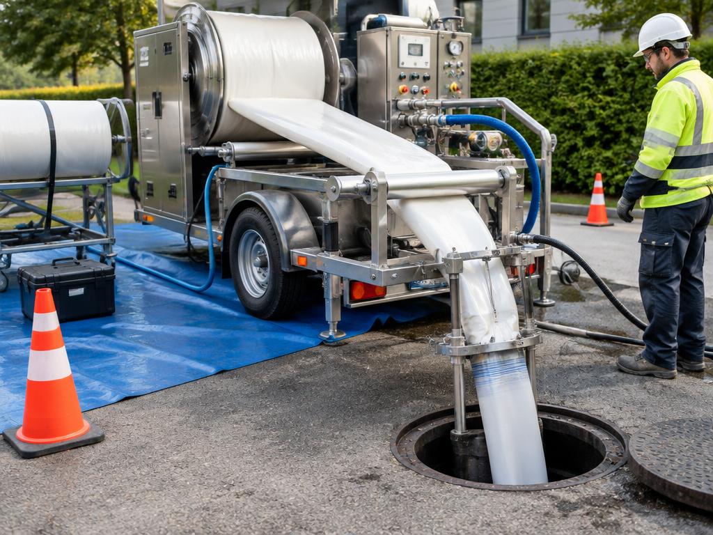 Trenchless repair equipment feeding a liner into an underground pipe