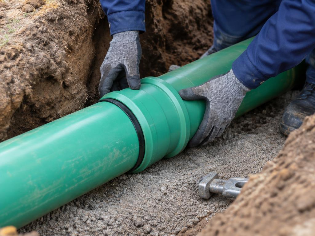 Professional installation of a replacement underground sewer pipe